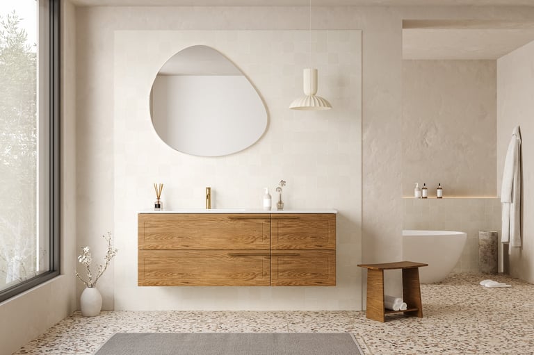 Modern bathroom design with wooden vanity and freestanding bathtub