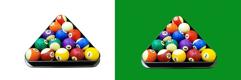 Triangle rack filled with colorful billiard balls on a green pool table