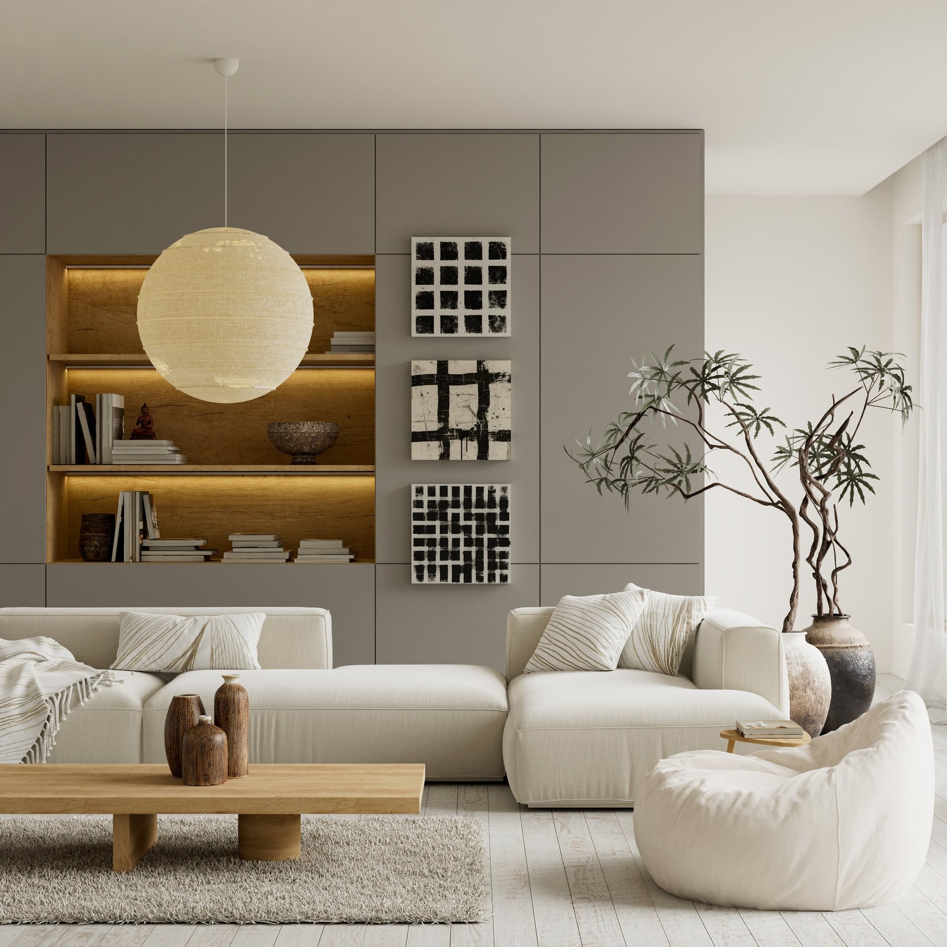 Contemporary minimalist living room interior designed with refined furniture, soft daylight and neutral tones — a wellness-optimized home