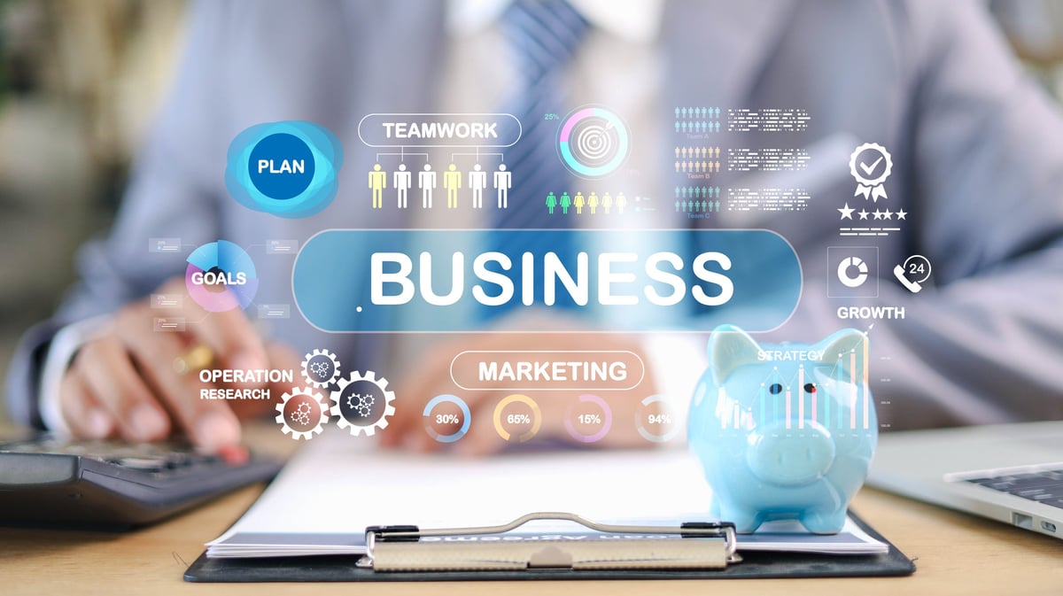 Strategic planning materials arranged on a desk with growth analytics and business charts