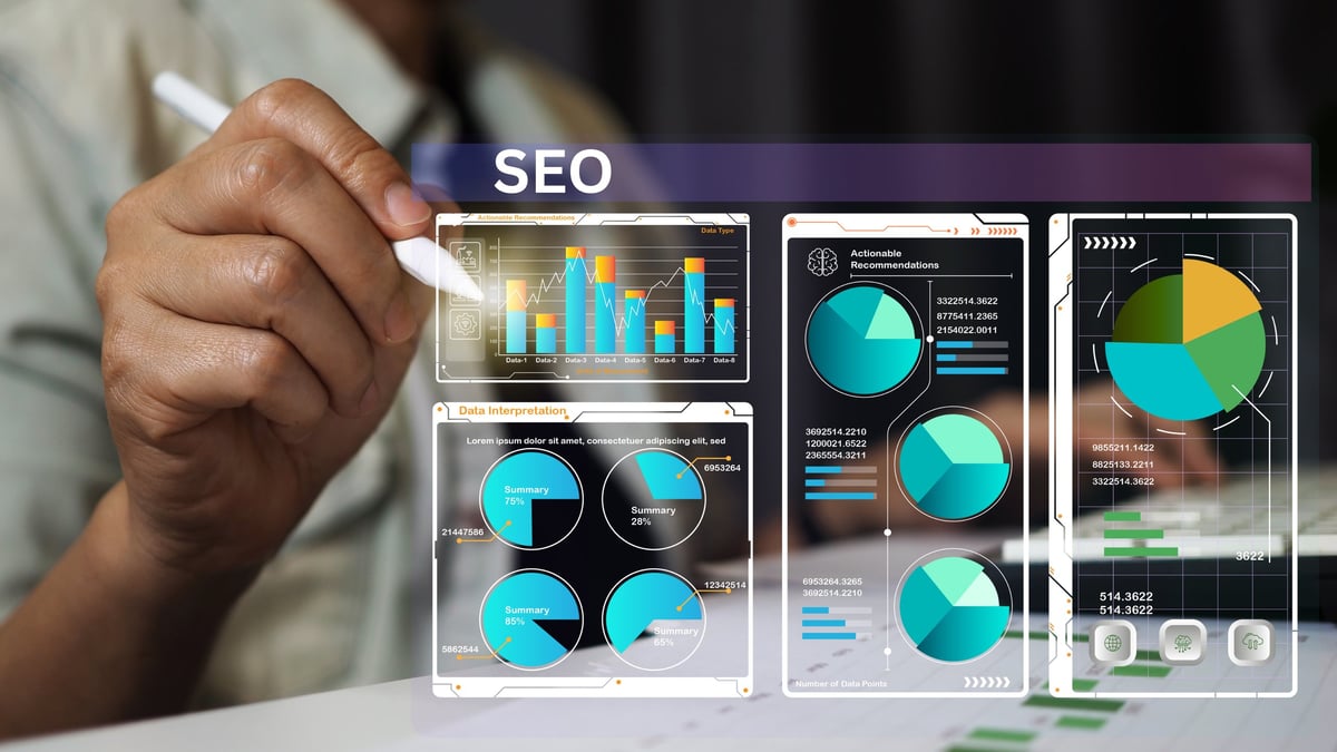 A laptop displaying a search engine results page alongside analytics data, representing the intersection of small business SEO and measurable outcomes