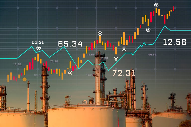 Energy market financial graph with refinery backdrop
