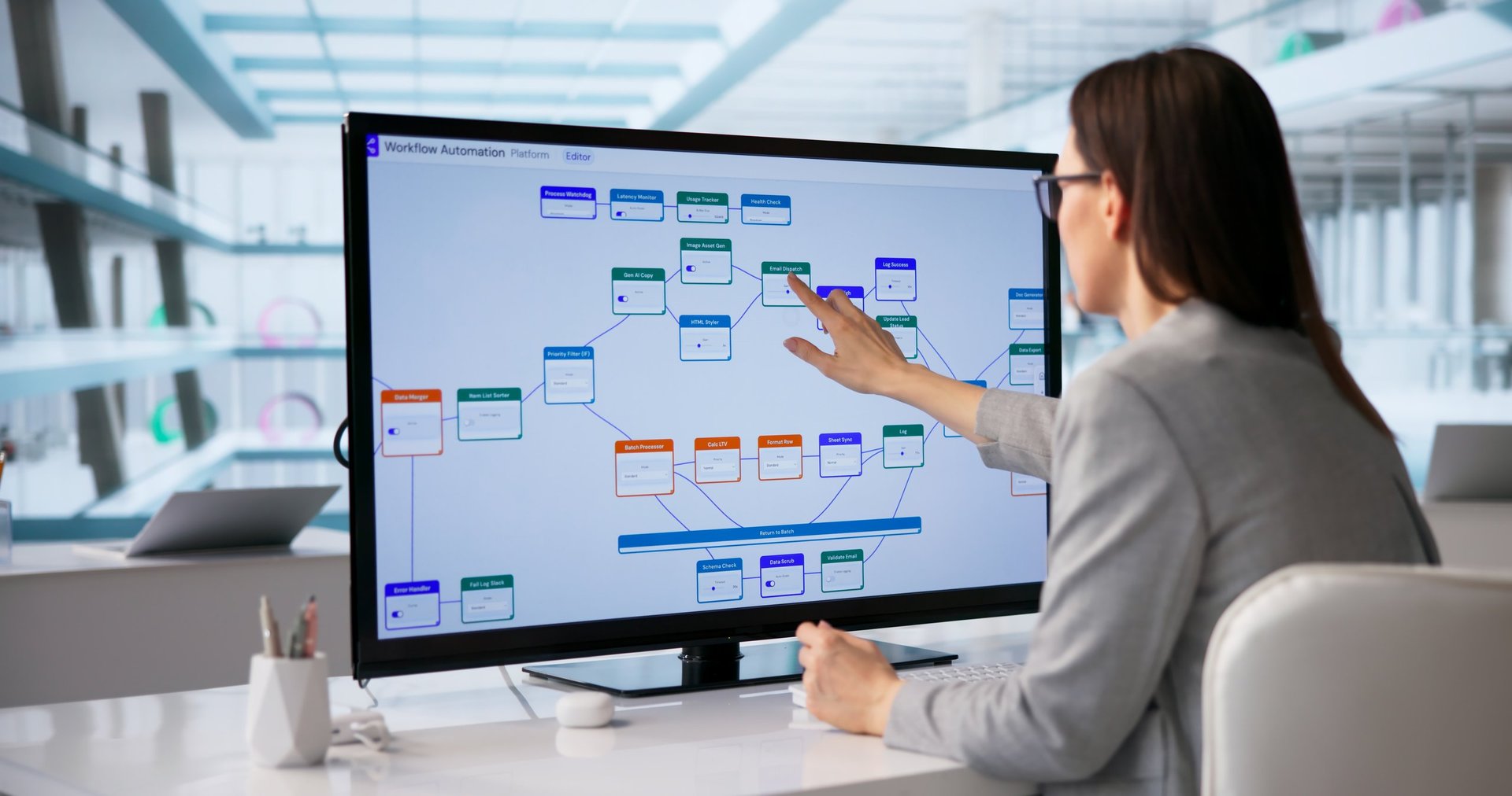 Business professional utilizing workflow automation tools and process optimization systems