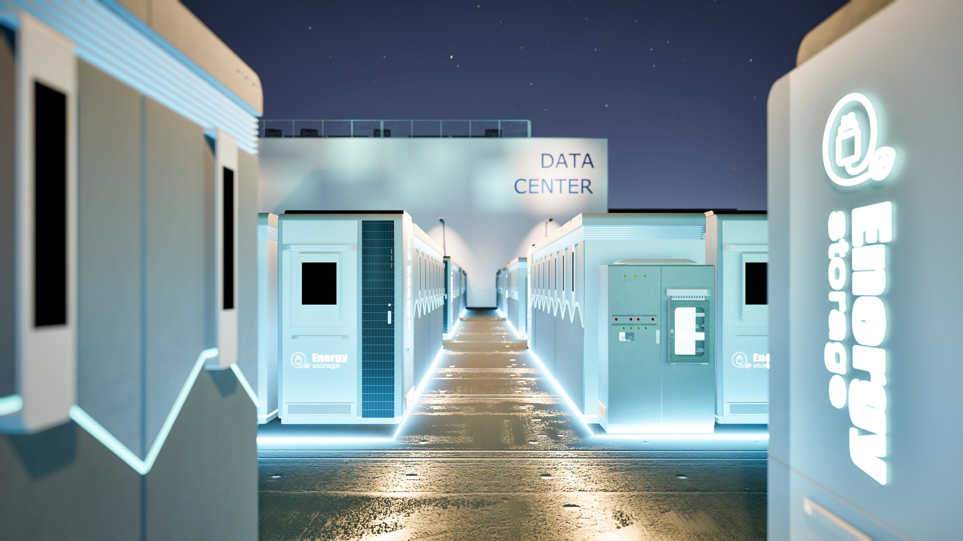 Energy storage system battery container units for a data center at night — Dylco Electric commercial electrical services in Westfield, IN