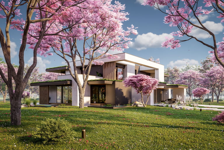 Two-story home with pool and blooming sakura trees