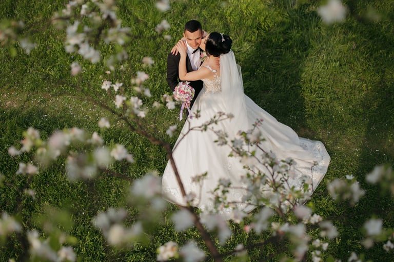 Gelin ve damat çiçek tarlasında