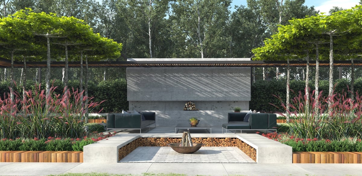 Contemporary outdoor lounge with fire pit and shaped trees, luxury landscape design in MA