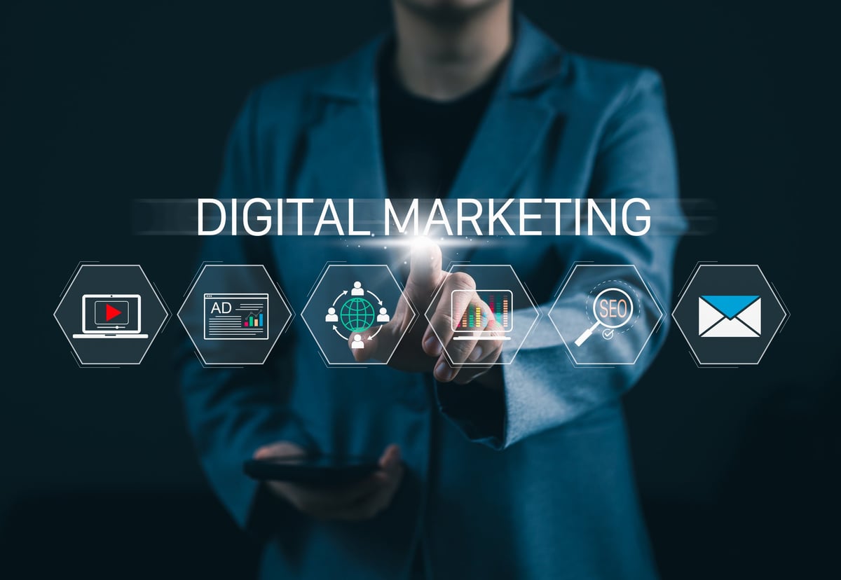 Digital marketing concept - SEO analytics, online advertising, social media strategy for modern business growth.