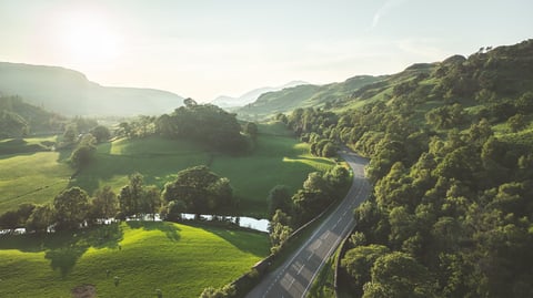 Aerial view of peaceful countryside road