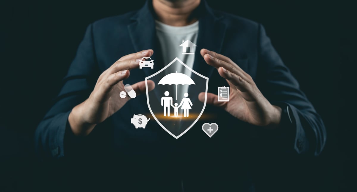 Professional emphasizing protection and security through digital icons representing insurance, family, health, and financial safety