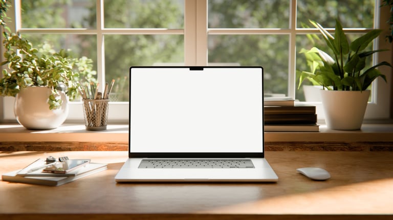 Modern laptop on a bright desk near large windows, ready for online job applications and resume work