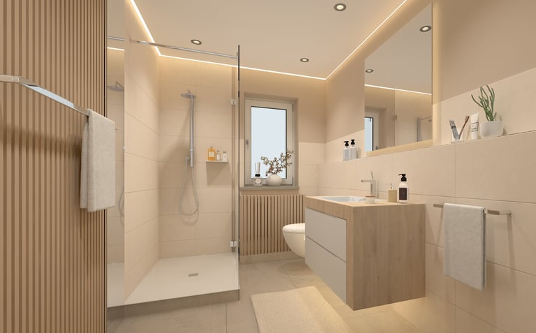 Small bathroom with glass shower and wooden elements