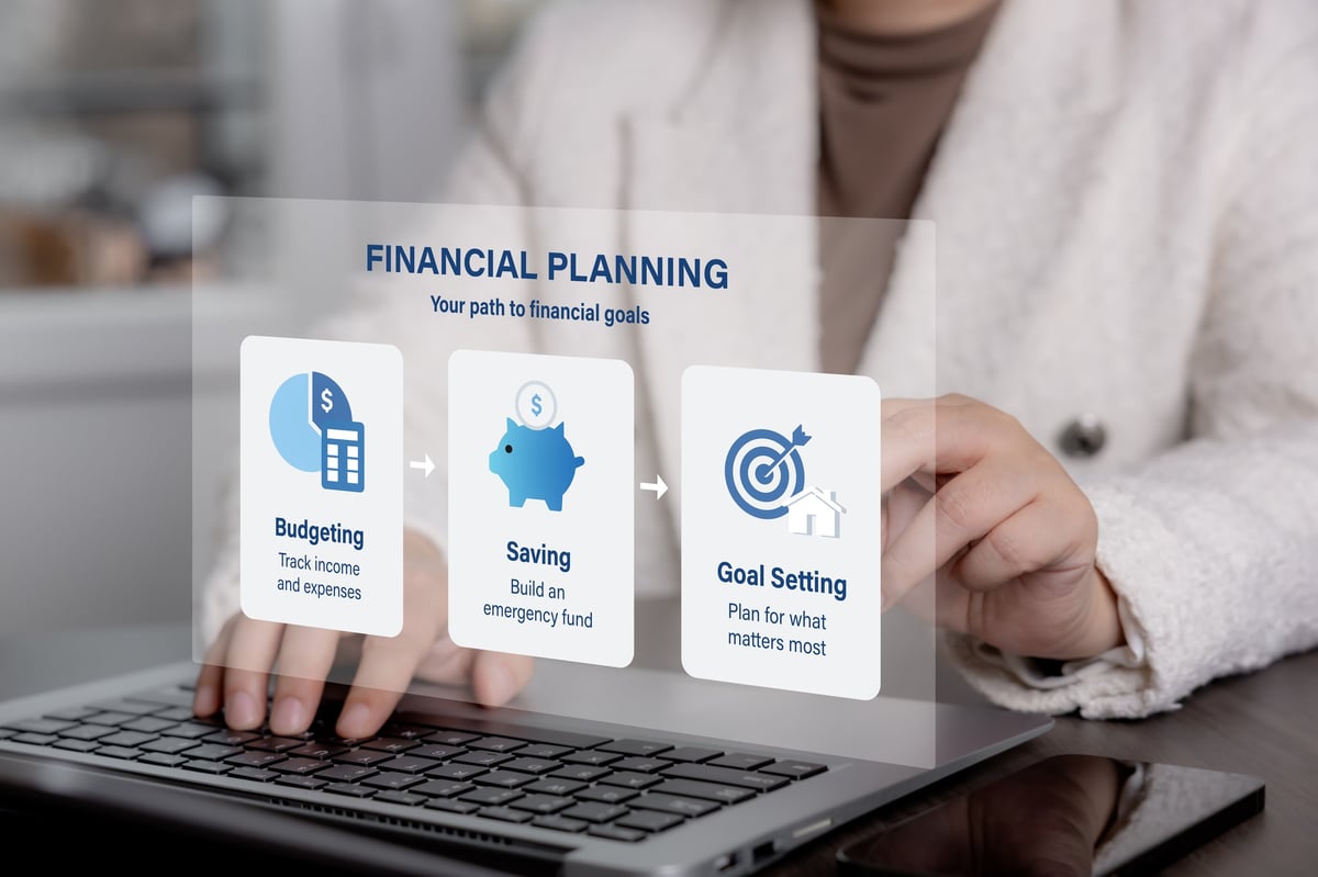 Person using laptop with financial planning interface showing budgeting, saving, and goal setting, representing personal finance management, savings strategy, and financial goals.