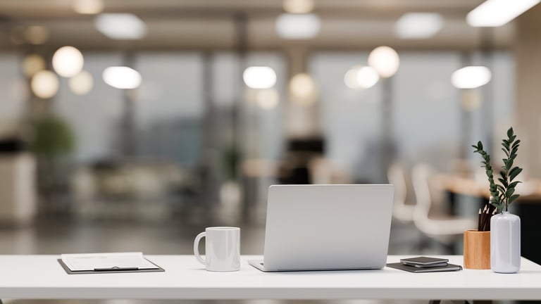 Minimalist modern office desk with laptop in professional workspace