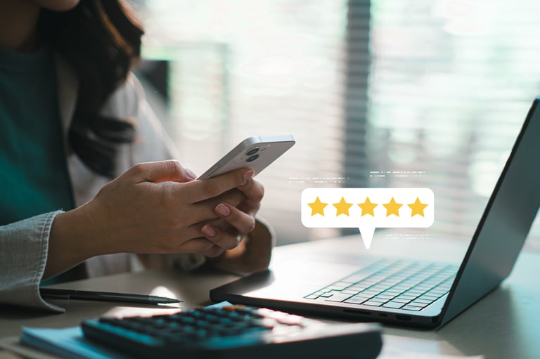 Woman using smartphone with five star rating feedback icon writing online review and customer satisfaction survey