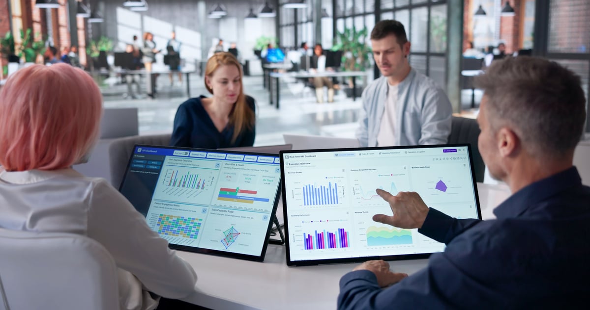 Executives reviewing AI workflow dashboards and enterprise automation performance data in advisory meeting
