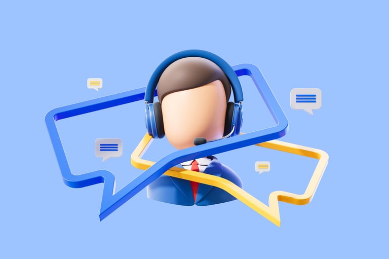 Support agent avatar with headset in glossy cartoon style on blue background showing communication concept idea 3D Rendering