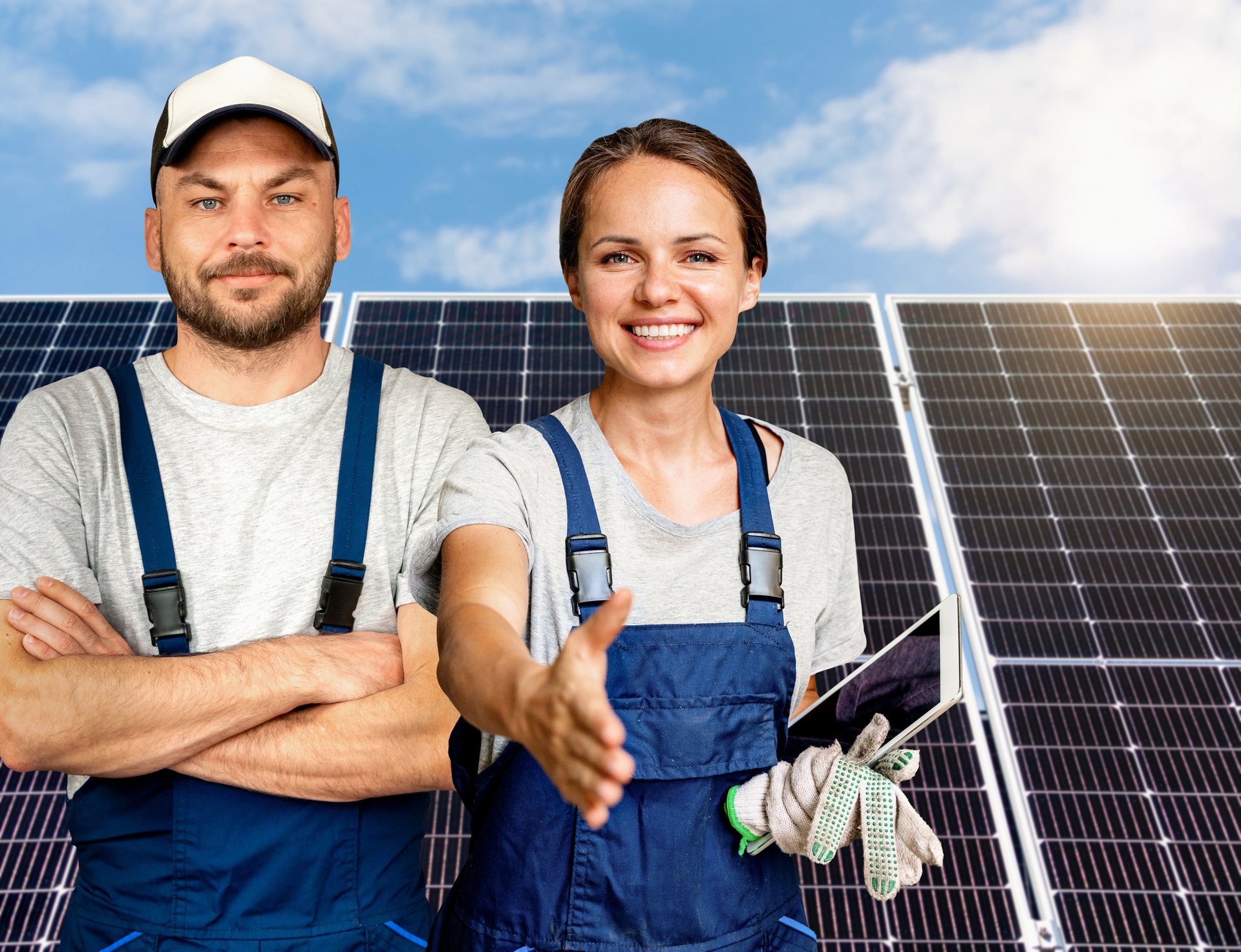 Diverse team of professional solar installers showing teamwork in front of solar panels