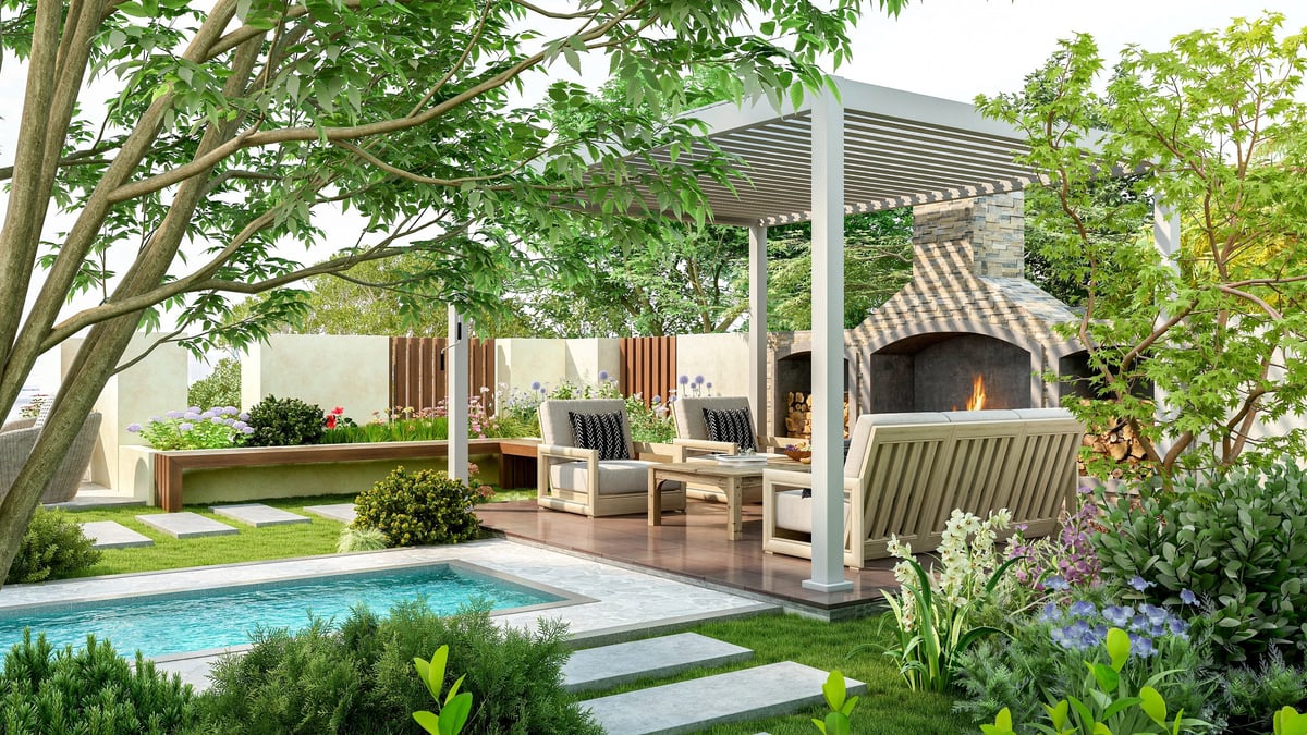 Modern backyard landscape design with pergola, seating and pool in a Middlesex County, MA home
