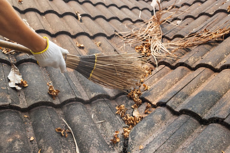 Worker cleaning dry leaves from valley rafter before rainy season