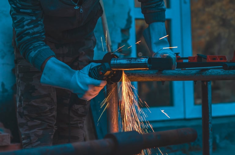 Worker grinding metal part using power tool with visible sparks. Protective gloves, safety. Industrial background.
