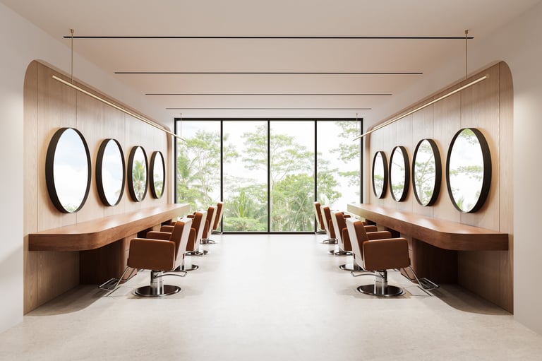 Contemporary salon interior with wooden stations and round mirrors