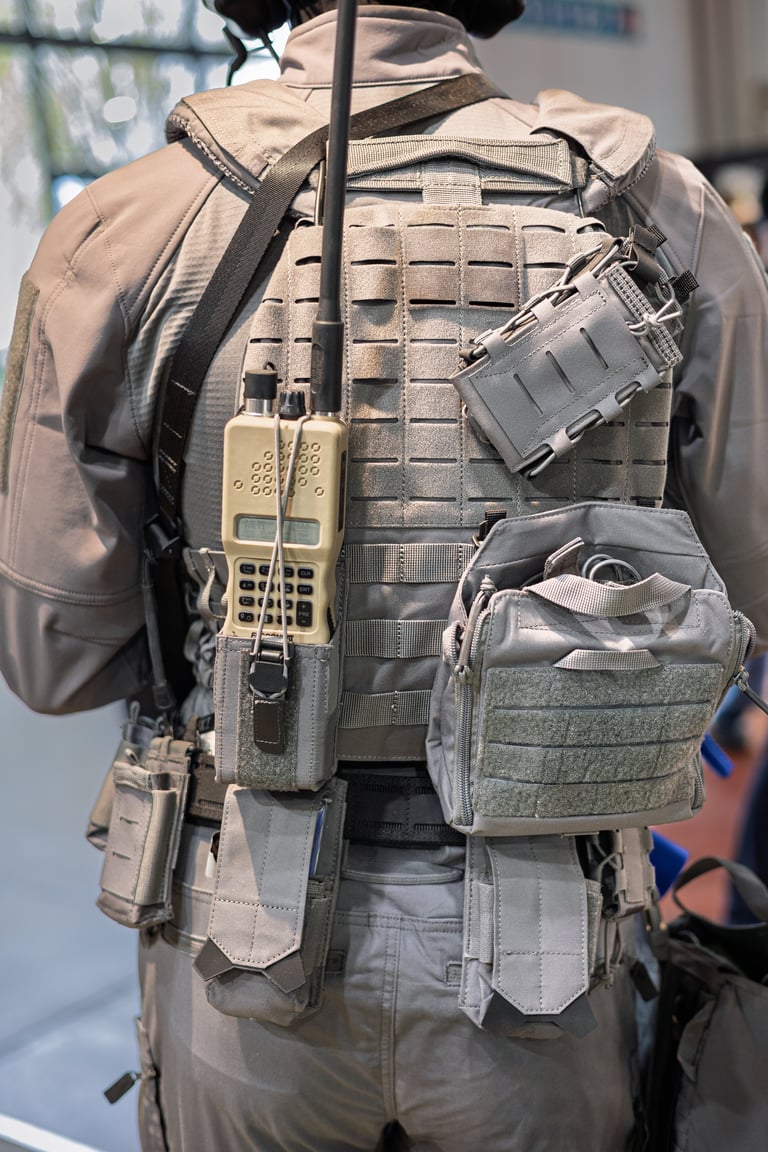 Rear view of tactical vest with radio and medic pouch