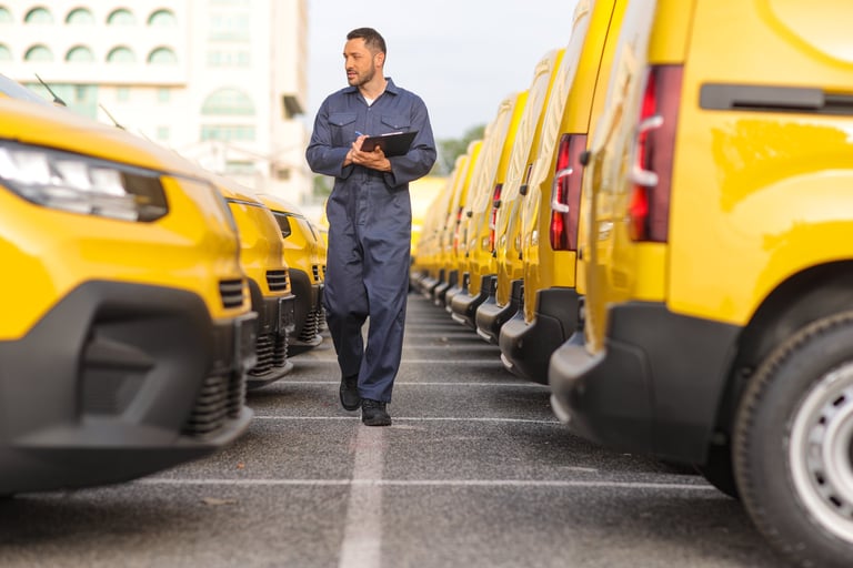 Mechanic inspecting a fleet of vans