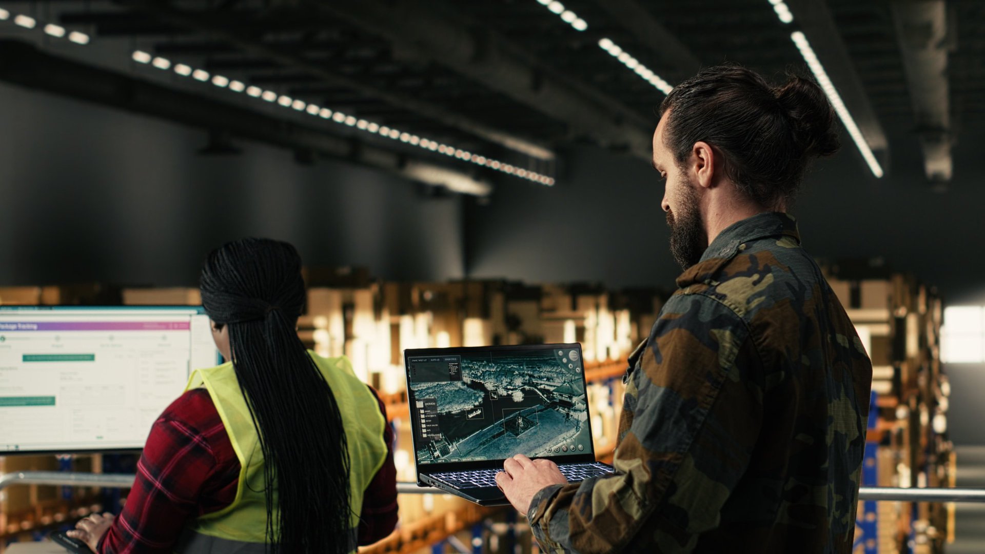 Military personnel using surveillance interface in warehouse
