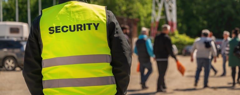 Security guard in high-visibility vest monitoring a crowd