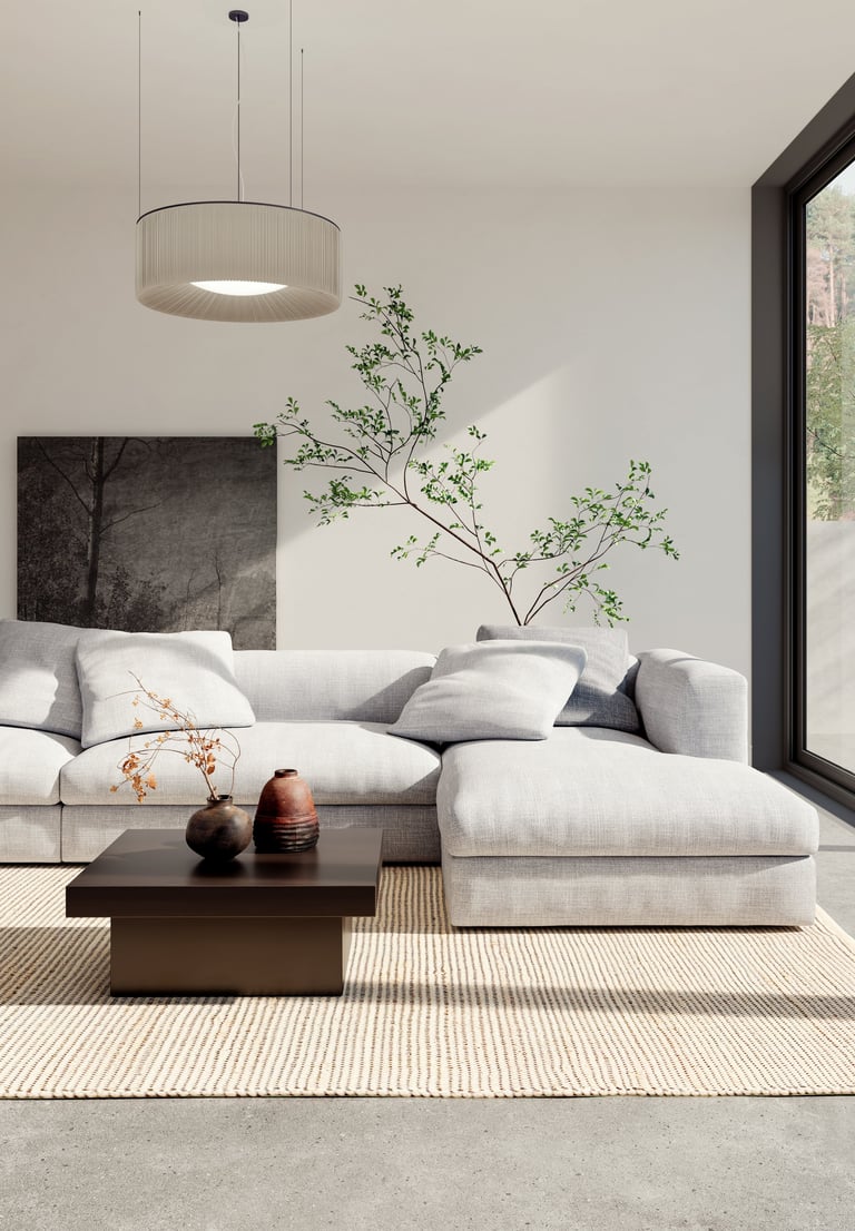 Bright modern living room interior with natural light, sofa and inviting decor