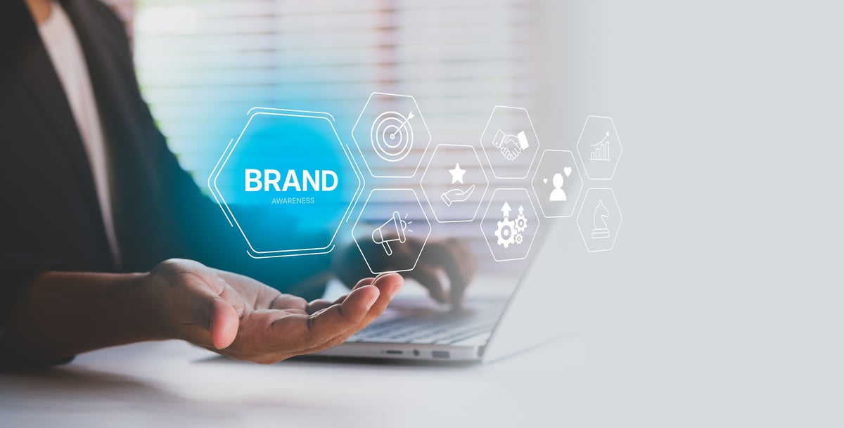 Brand awareness strategy concept with marketing growth icons and corporate branding