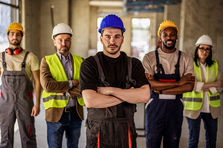Professional tradesmen team — roofers, builders, landscapers, electricians and plumbers