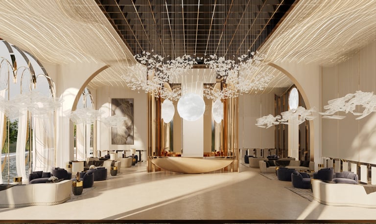 Contabilidad para turismo en Cancún — lobby de hotel resort de lujo con diseño moderno