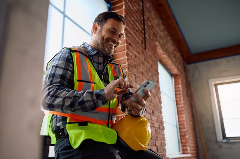 Happy contractor using smartphone on job site representing fast lead response and instant communication with customers