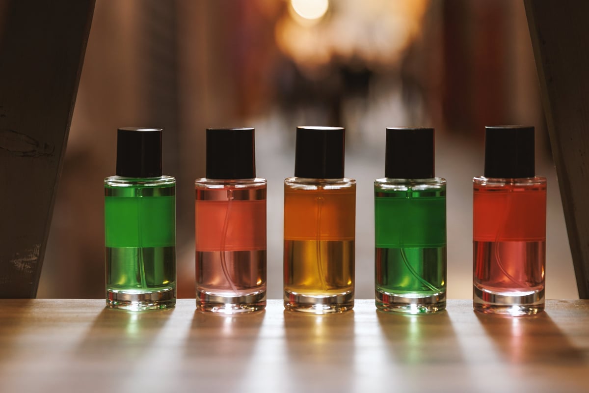Collection of vibrant perfume bottles