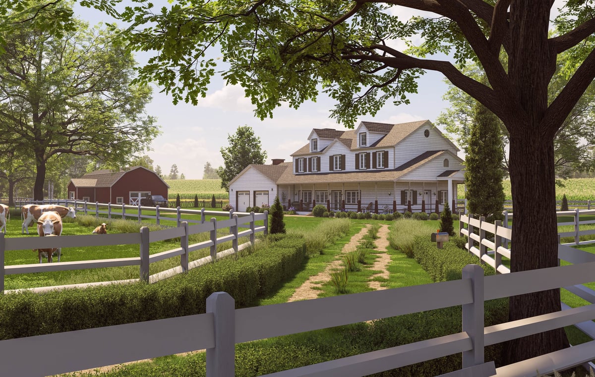Country estate with farmhouse, pastures and outbuildings seen from above