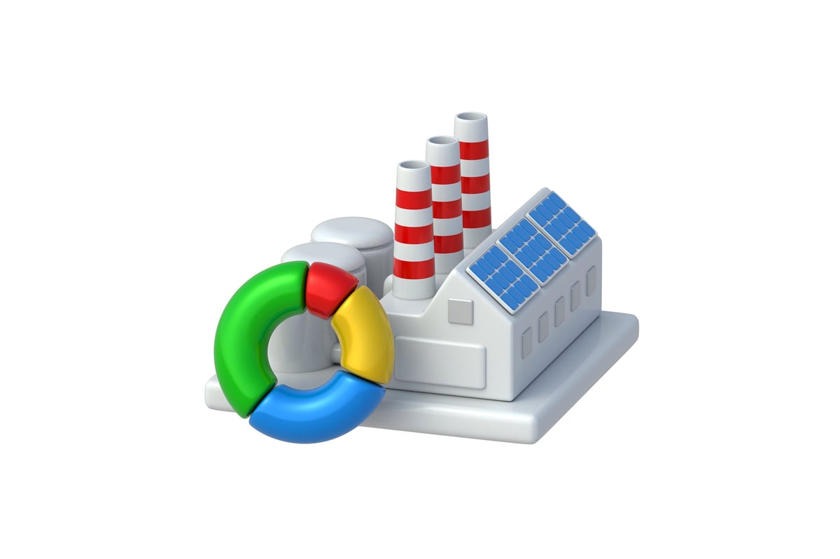 Data analysis for production optimization. Efficient resource allocation to increase productivity. Cost structure. Industrial factory beside a pie chart isolated on white background. 3d render