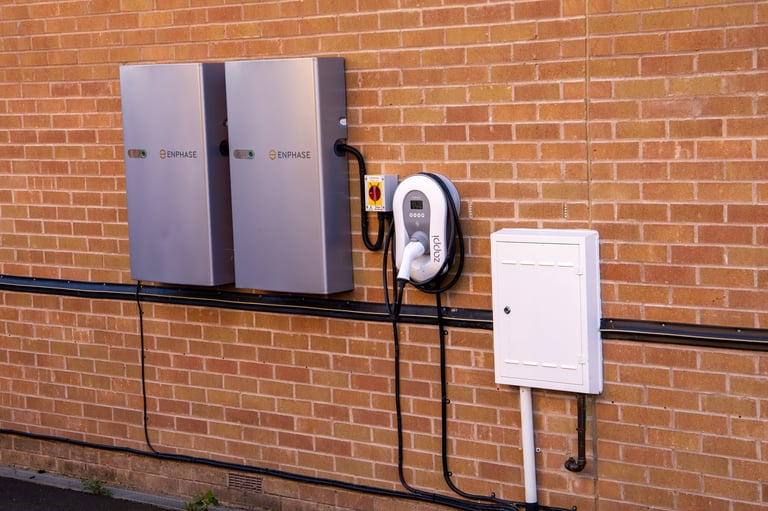 Wall-mounted residential battery storage units with an electric vehicle charging station on a brick wall — Dylco Electric battery backup installation in Westfield, IN