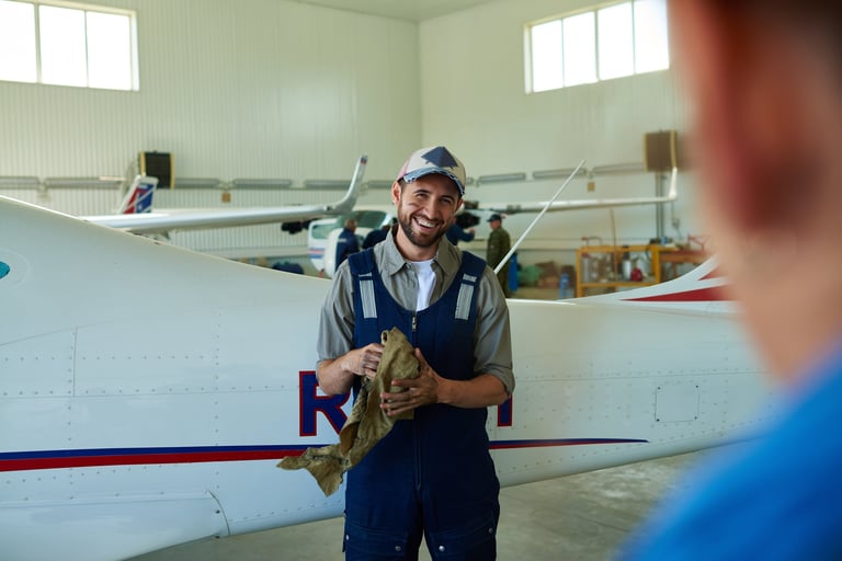Airplane mechanic wiping hands and smiling to client
