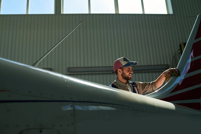 Bearded mechanic wiping surface of airplane