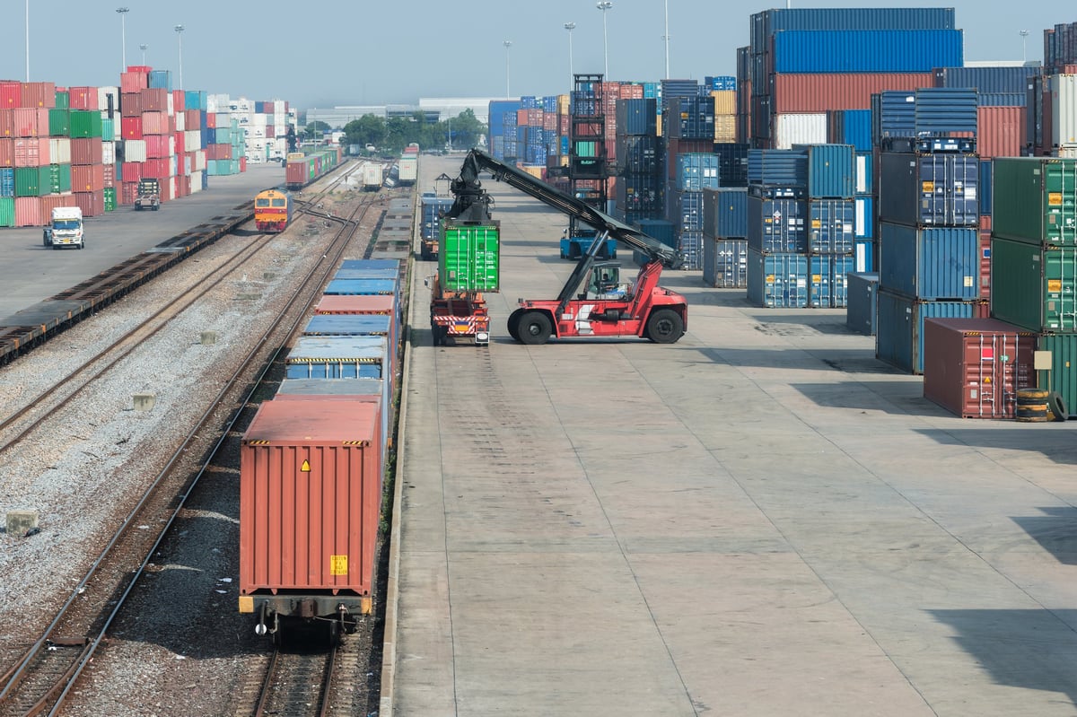 Cargo train platform with a freight train container at a depot, used for export logistics