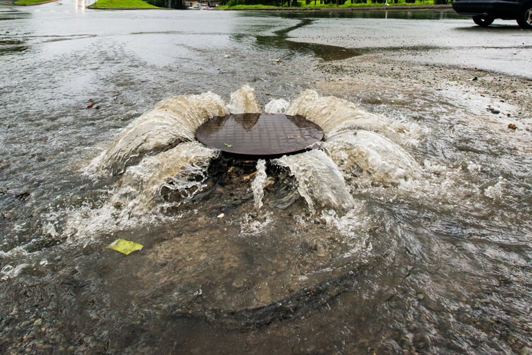 Emergency sewer drainage issue with water overflowing showing urgency of blocked drain situation