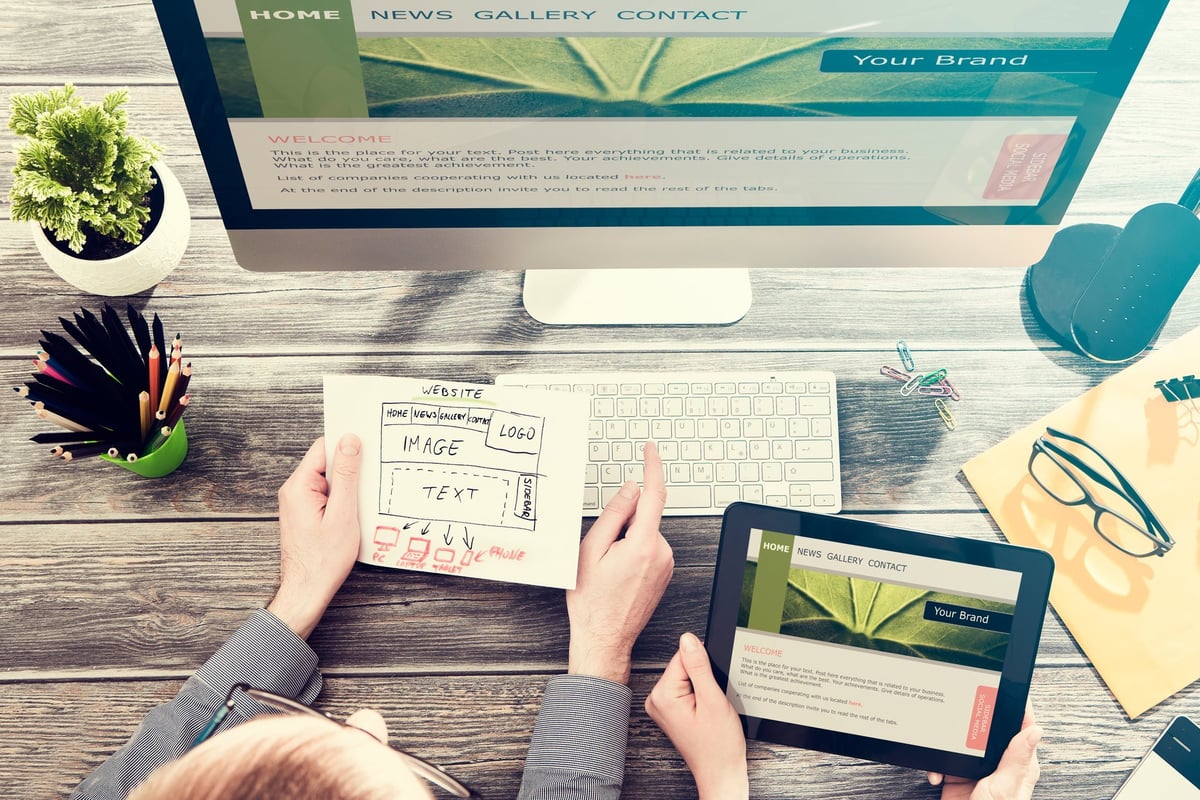 Designer's desk showing responsive web design and layout concepts