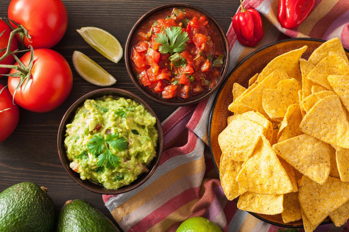 Mexican guacamole and salsa dip with nachos tortilla chips