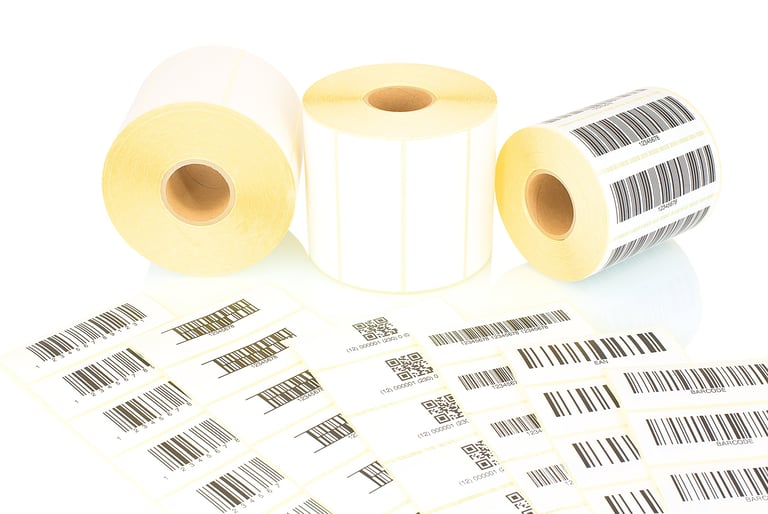 White label rolls and printed barcodes