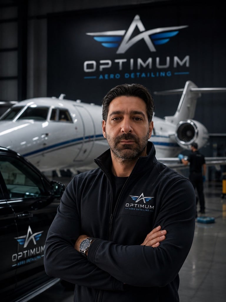 Man wearing Optimum Pro Detailing black jacket with arms crossed, standing in hangar with aircraft and company logo behind him