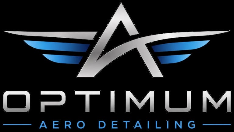 Optimum Aero Detailing logo with gray stylized A and blue wings on black background