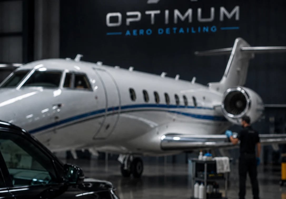 White business jet with blue stripe parked in hangar with Optimum Aero Detailing sign visible