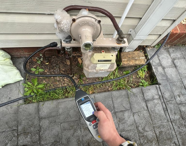 Person holding a digital meter below an outdoor electrical box and meter mounted on a house with soil and plants visible below